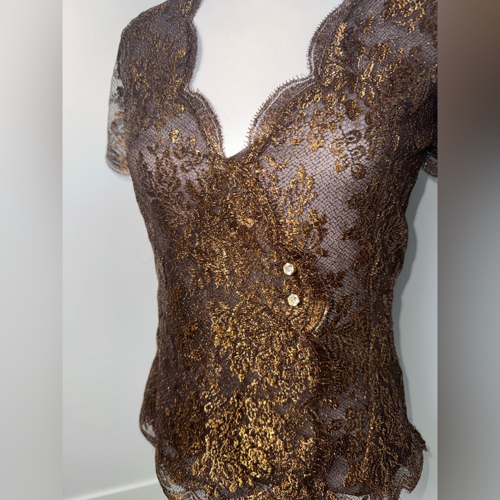 Valentino Garavani Metallic Bronze Lace Top/ Size XS - Picture 3 of 7